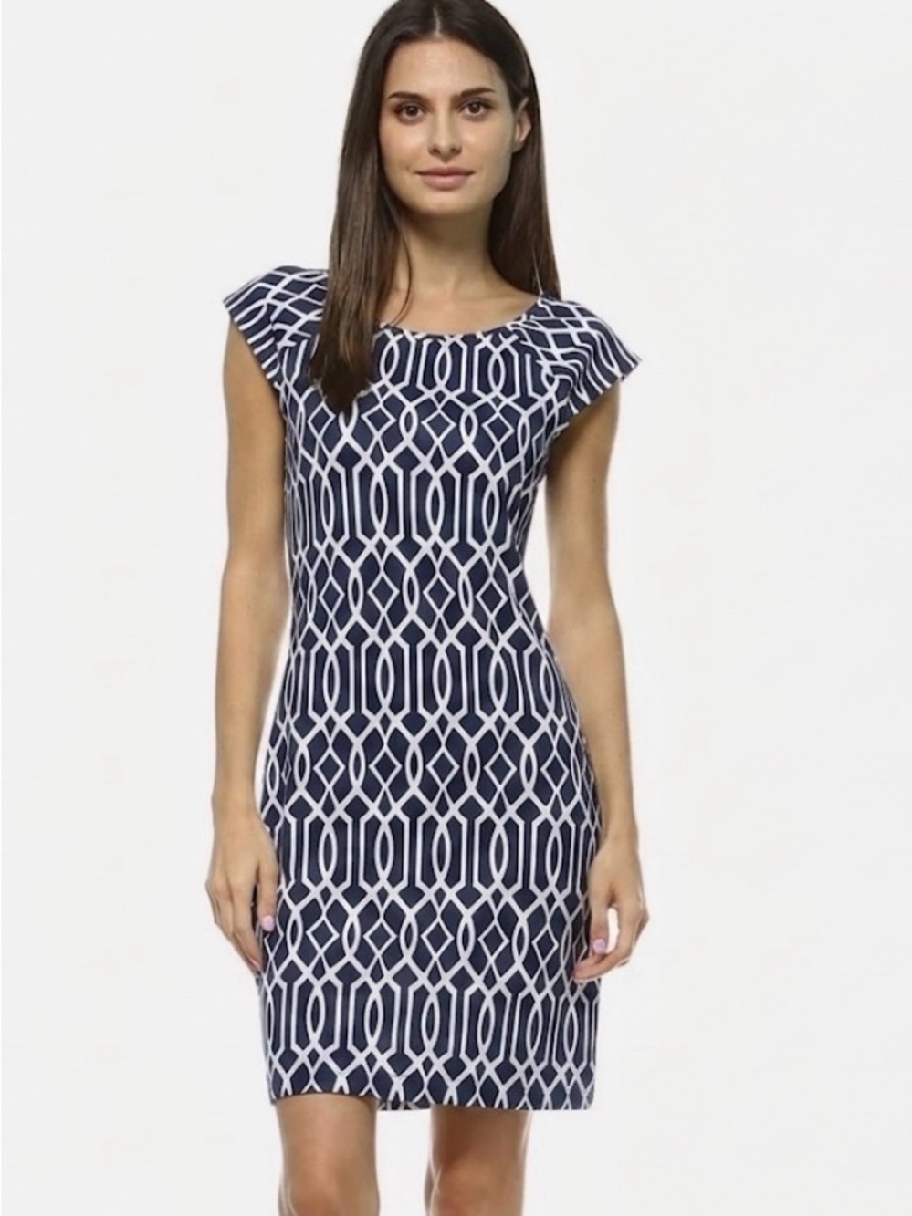 Jean-Pierre Klifa Paris Lily Sheath Dress Celtic Navy White Geometric Resort S